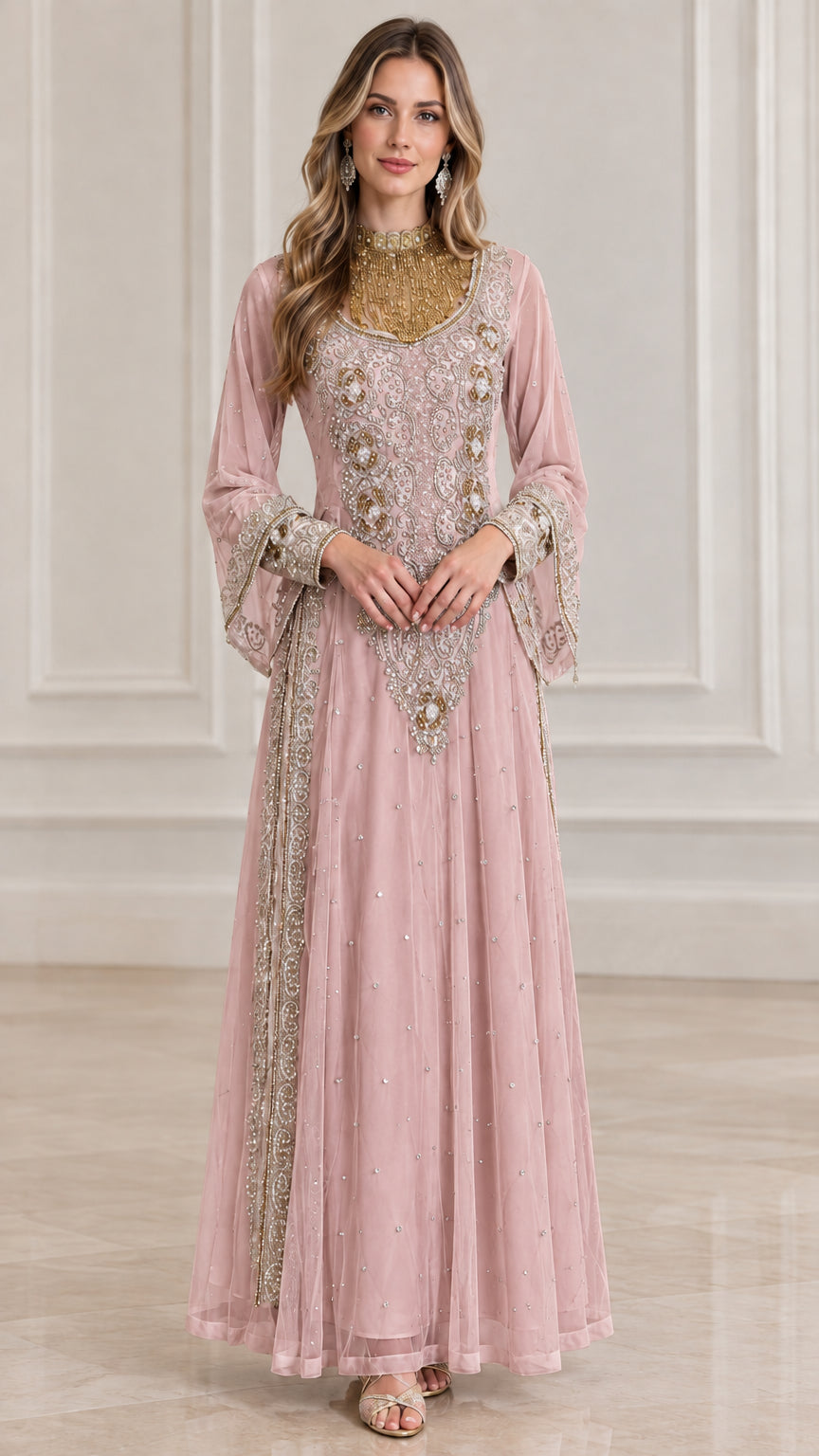Front view of blush pink embroidered long sleeve maxi formal dress