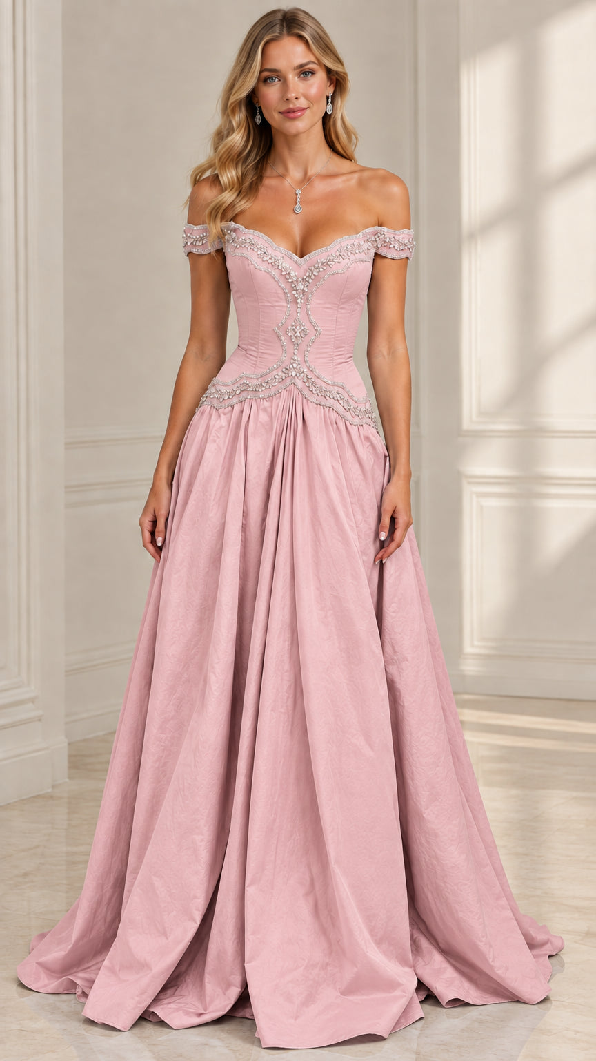 Model wearing blush pink crystal-embellished A-line evening maxi dress