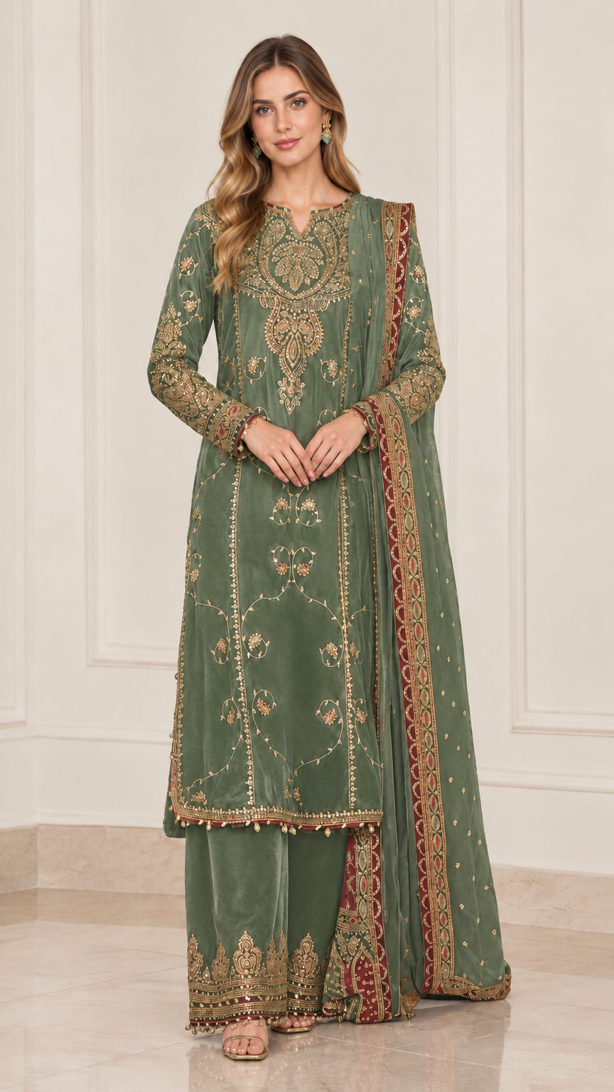 Sage green embroidered velvet kurta palazzo set with matching dupatta