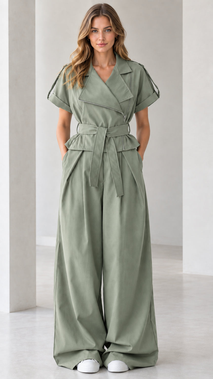 Front view of sage green asymmetrical zip wide leg jumpsuit