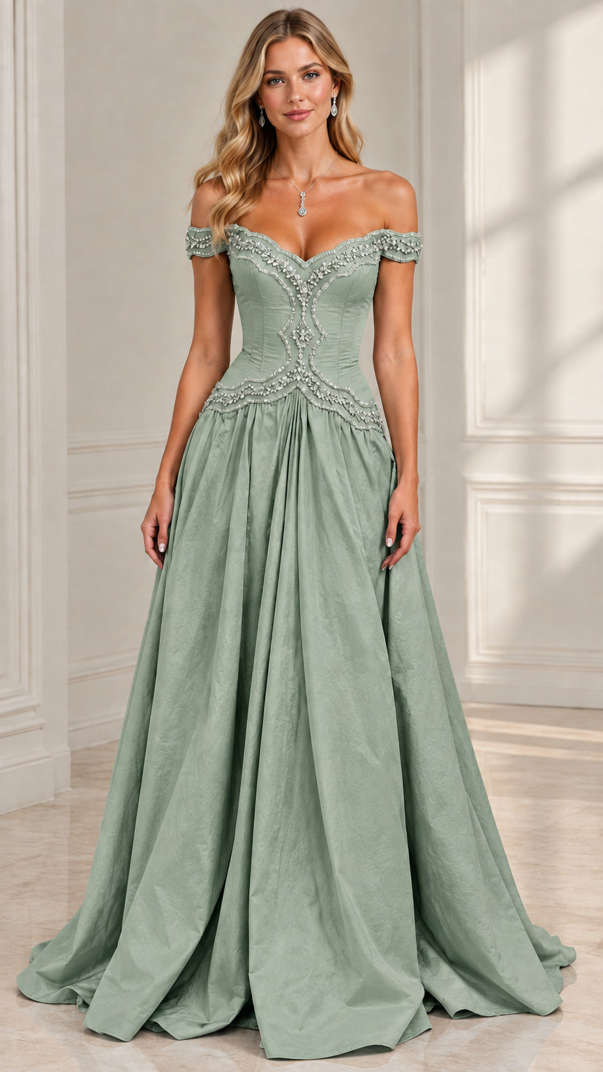 Model wearing sage green off-the-shoulder basque waist formal gown