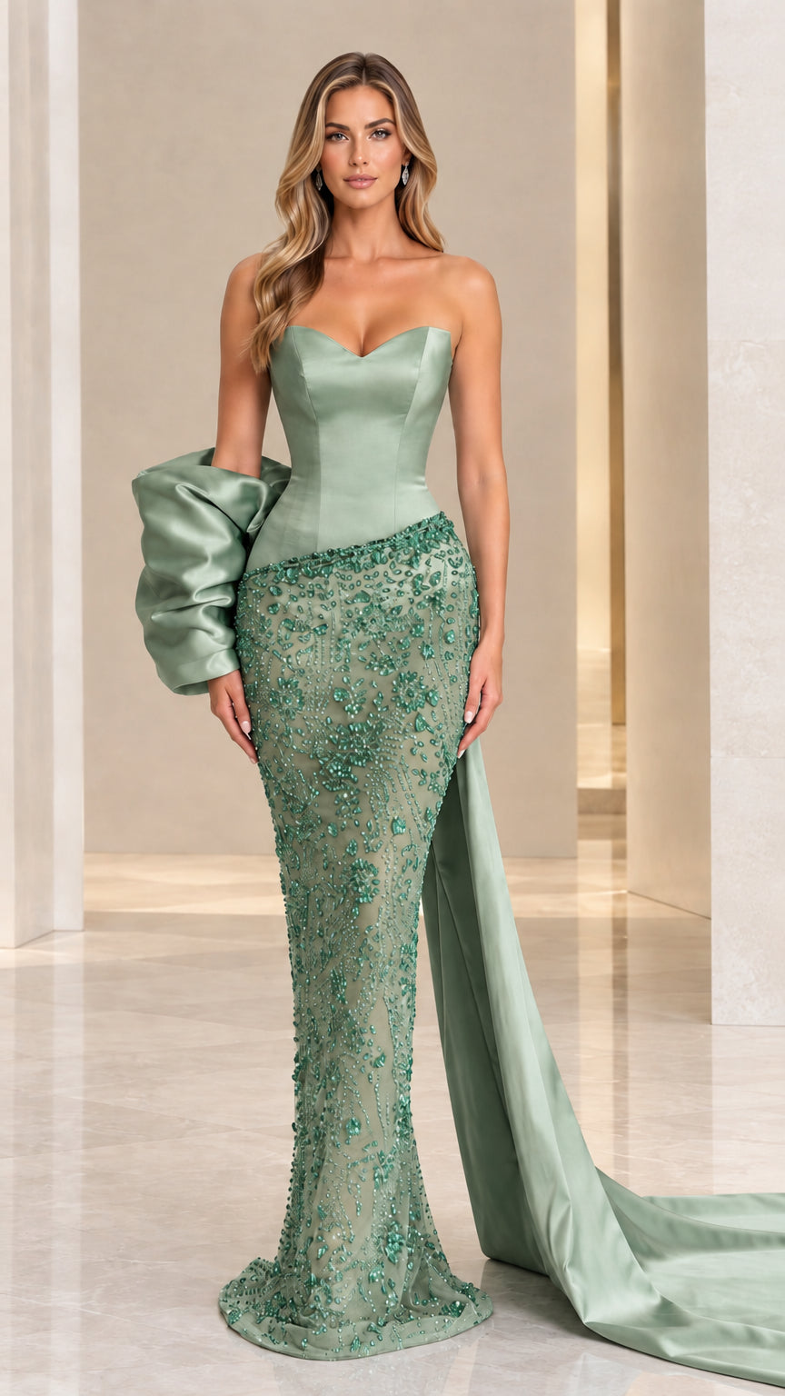 Full-length sage green strapless beaded mermaid gown with architectural side drape