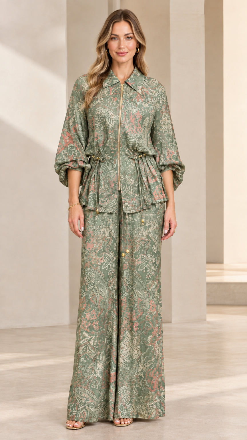 Sage Green Multi paisley print two-piece pant set