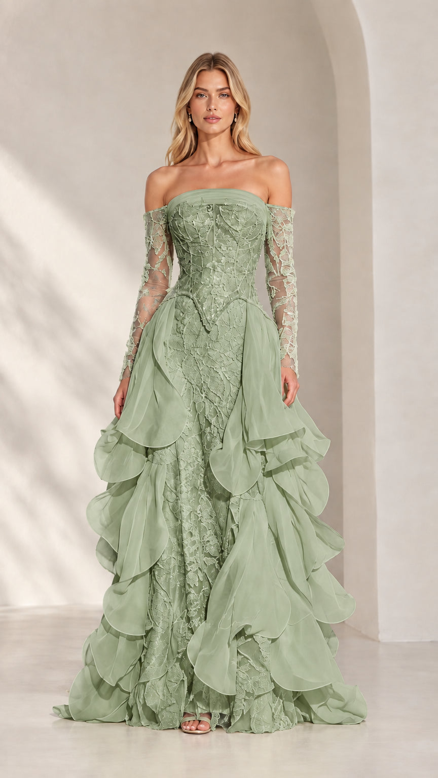 Sage green lace off-the-shoulder evening dress with long lace sleeves