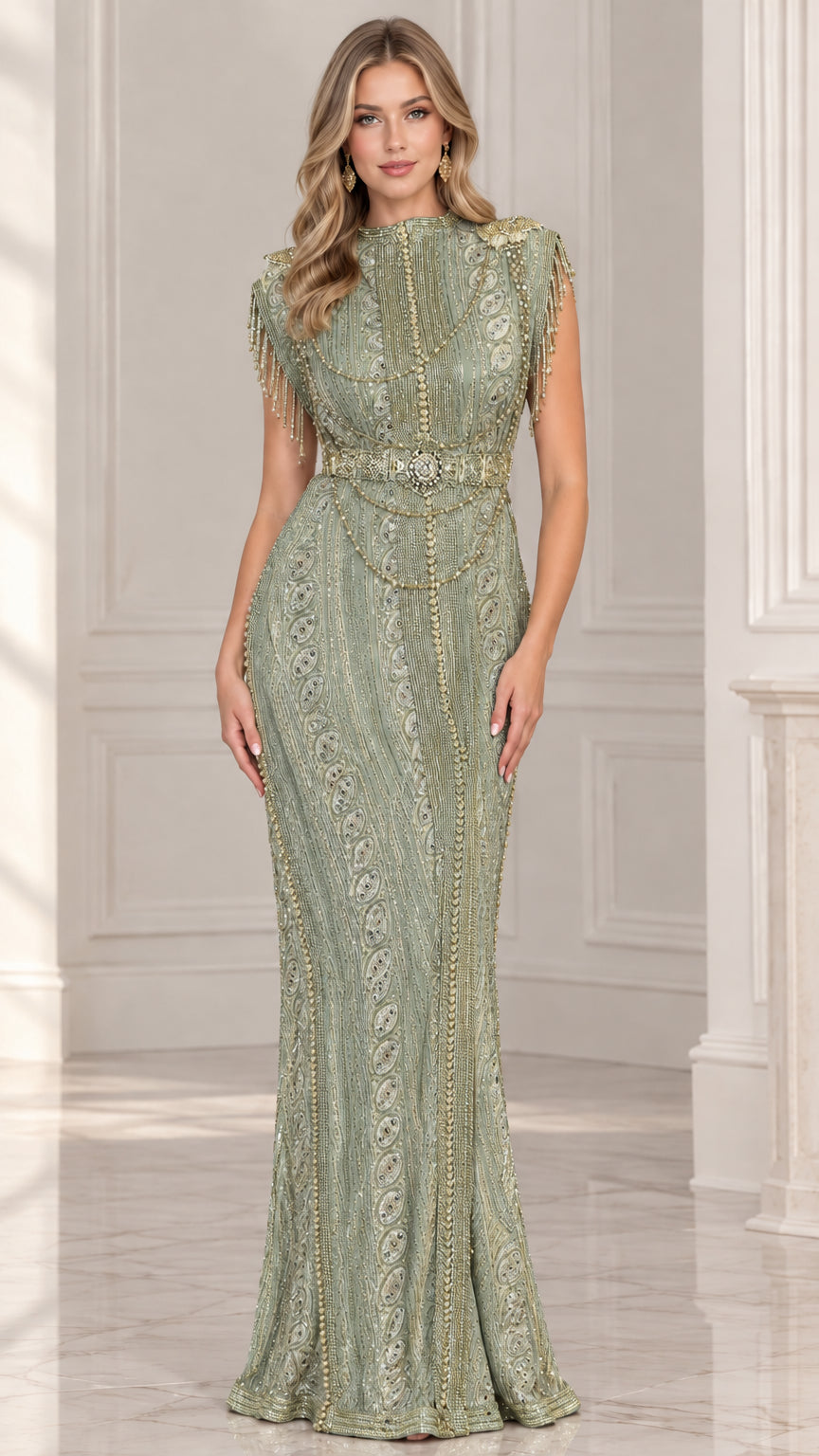 Sage Green sequined formal evening dress with beaded accents