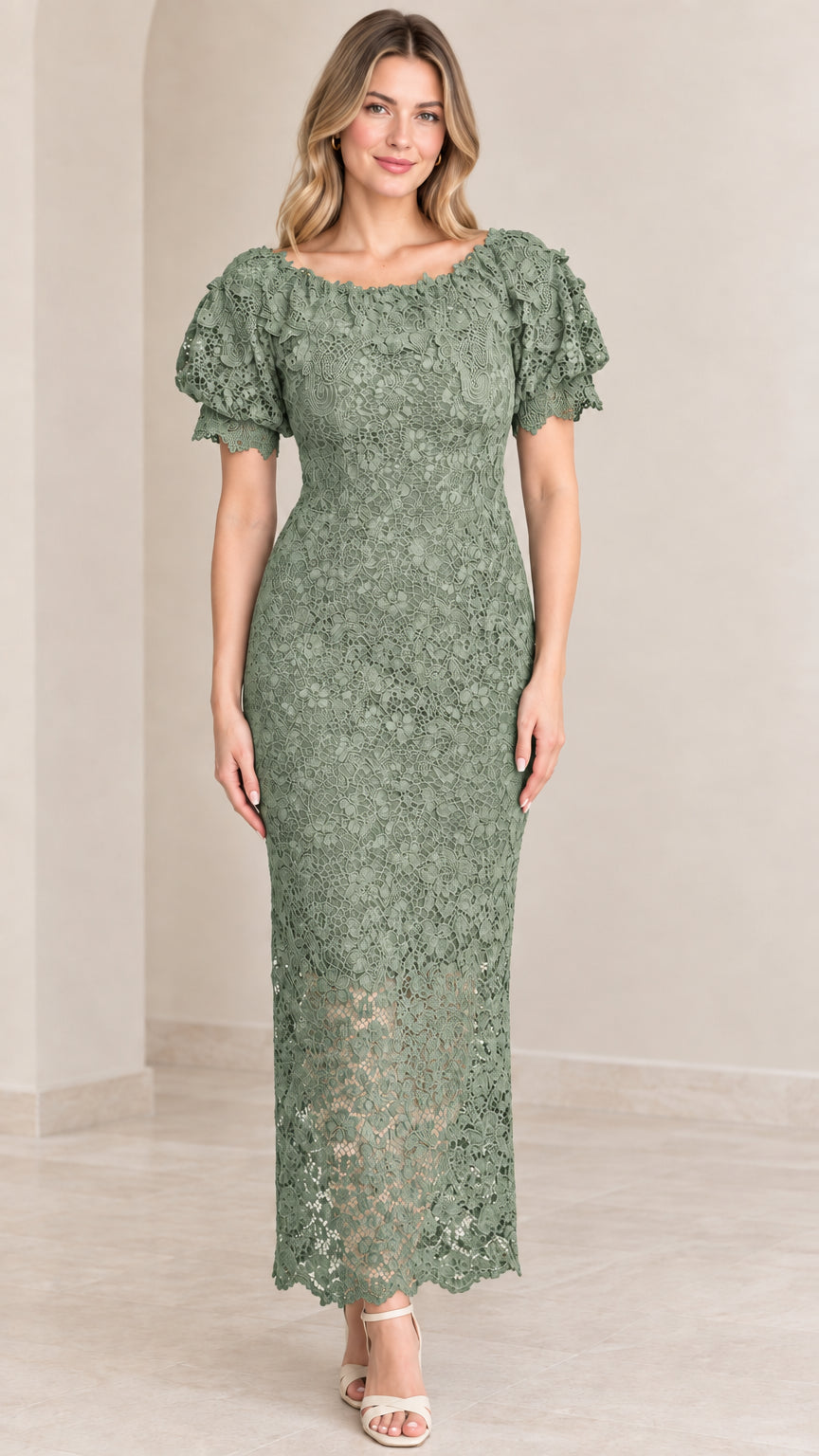 Front view of woman wearing sage green floral lace puff sleeve maxi dress