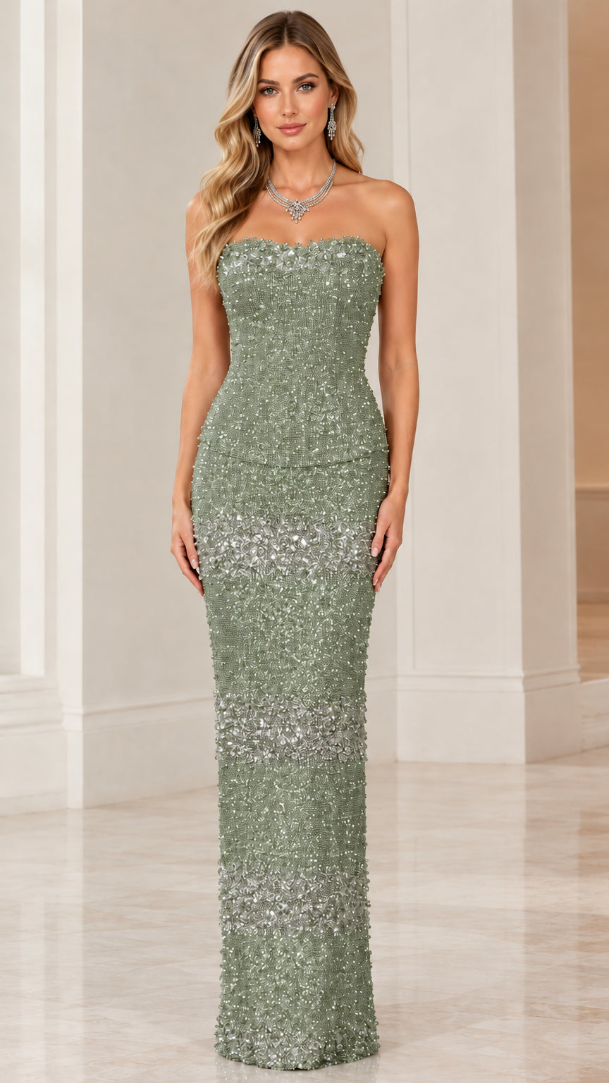 Model wearing sage green strapless beaded sequin floor-length dress
