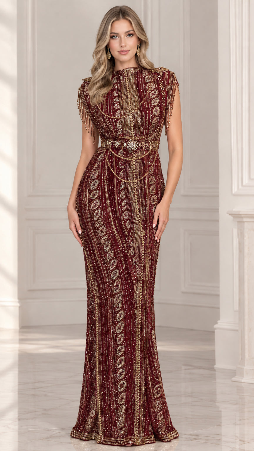 Burgundy wine red embellished gala gown with fringe details