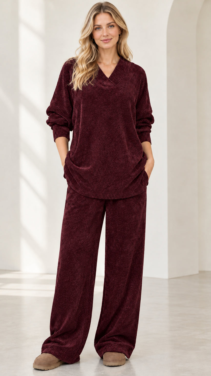 Front view of woman wearing burgundy wine red ribbed knit two piece lounge set