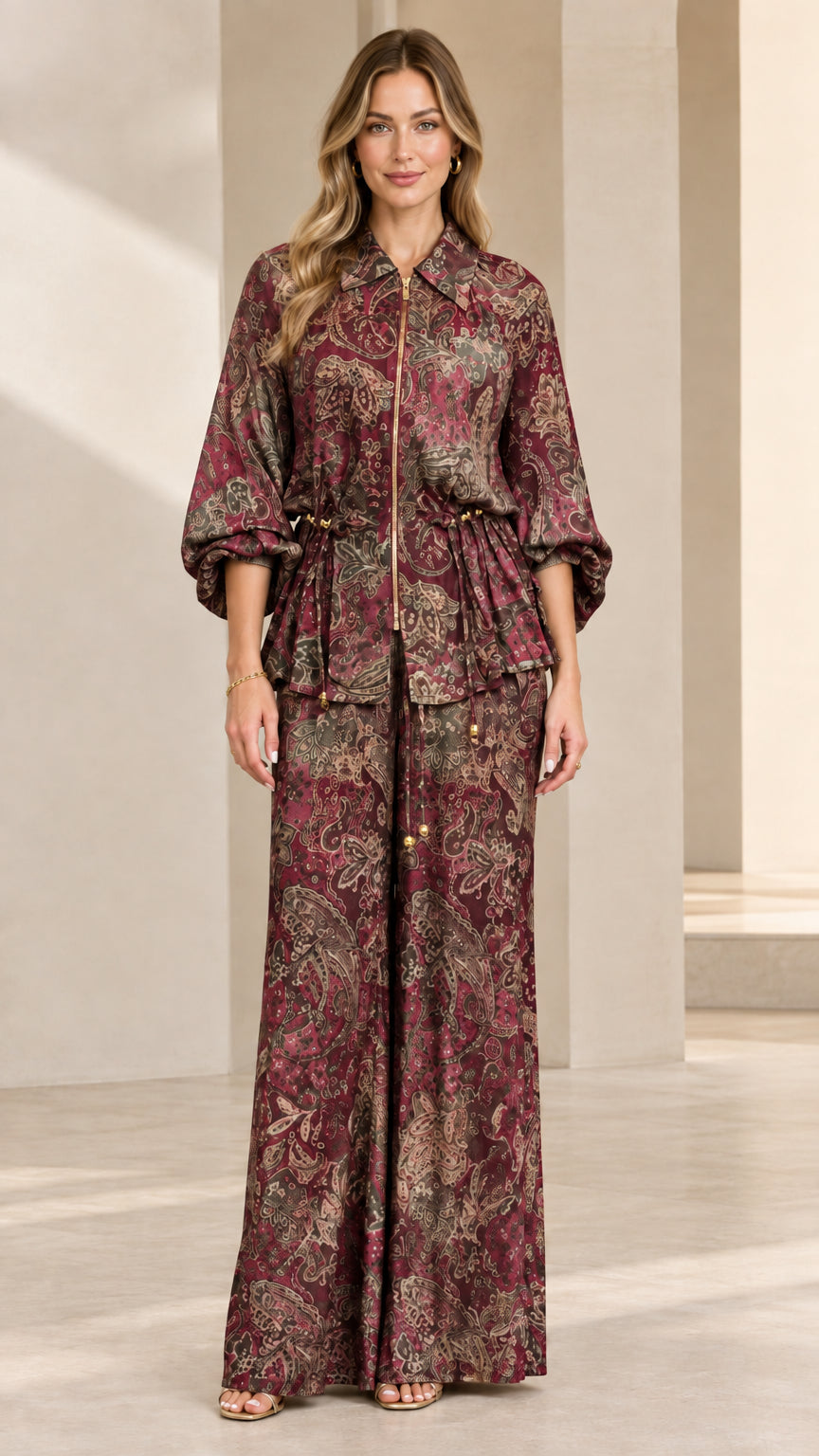 Wine Multi paisley print zip-front jacket top and wide-leg pants set