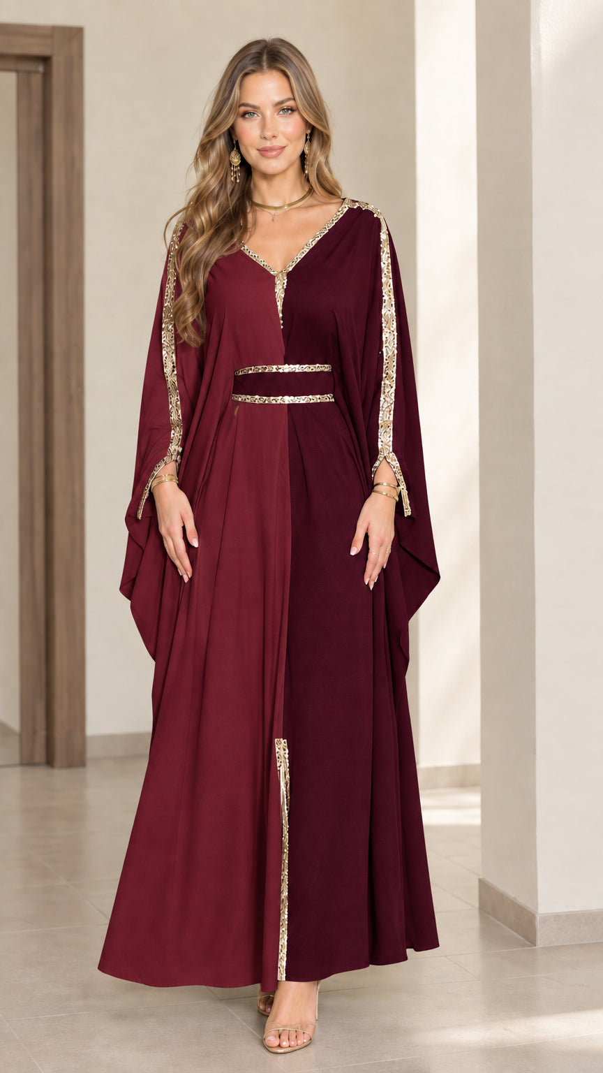 Two-tone burgundy and wine red kaftan maxi dress with gold embroidered trim