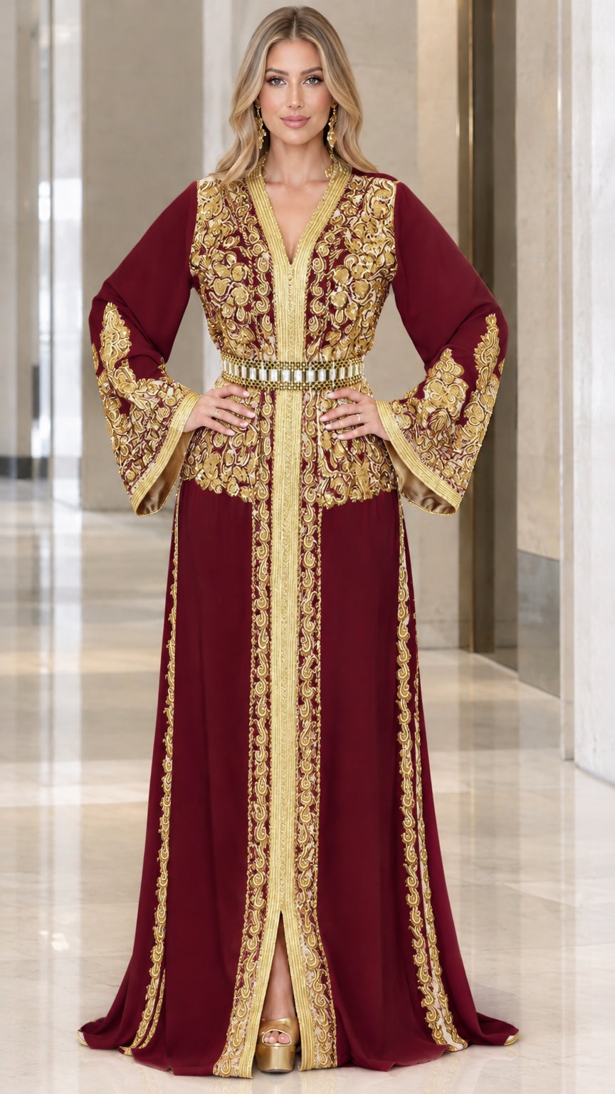 Front view of burgundy red Moroccan kaftan maxi dress with gold embroidery