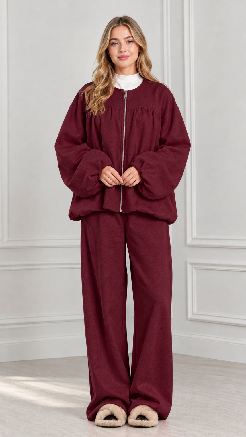Full-body view of burgundy wine red two-piece zip jacket and wide-leg lounge set