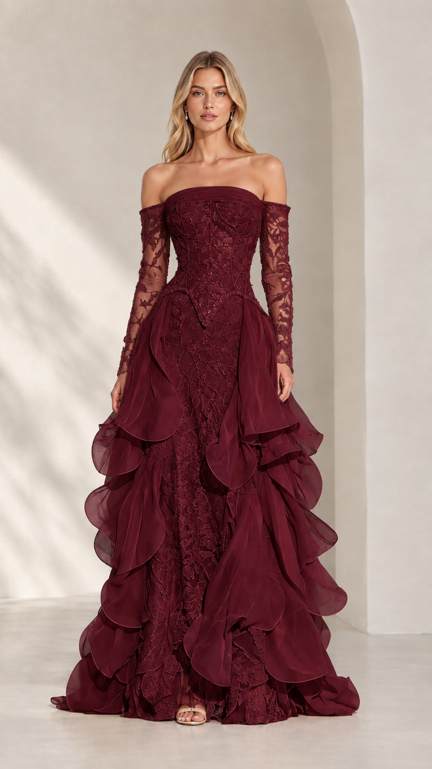 Burgundy wine red off-the-shoulder corset evening gown with cascading ruffles