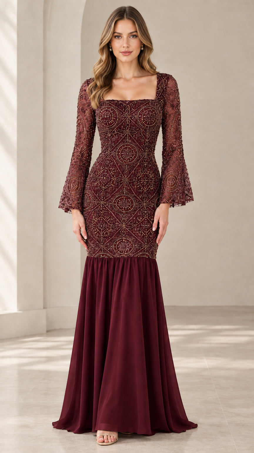 Front view of burgundy red beaded lace mermaid evening dress with bell sleeves