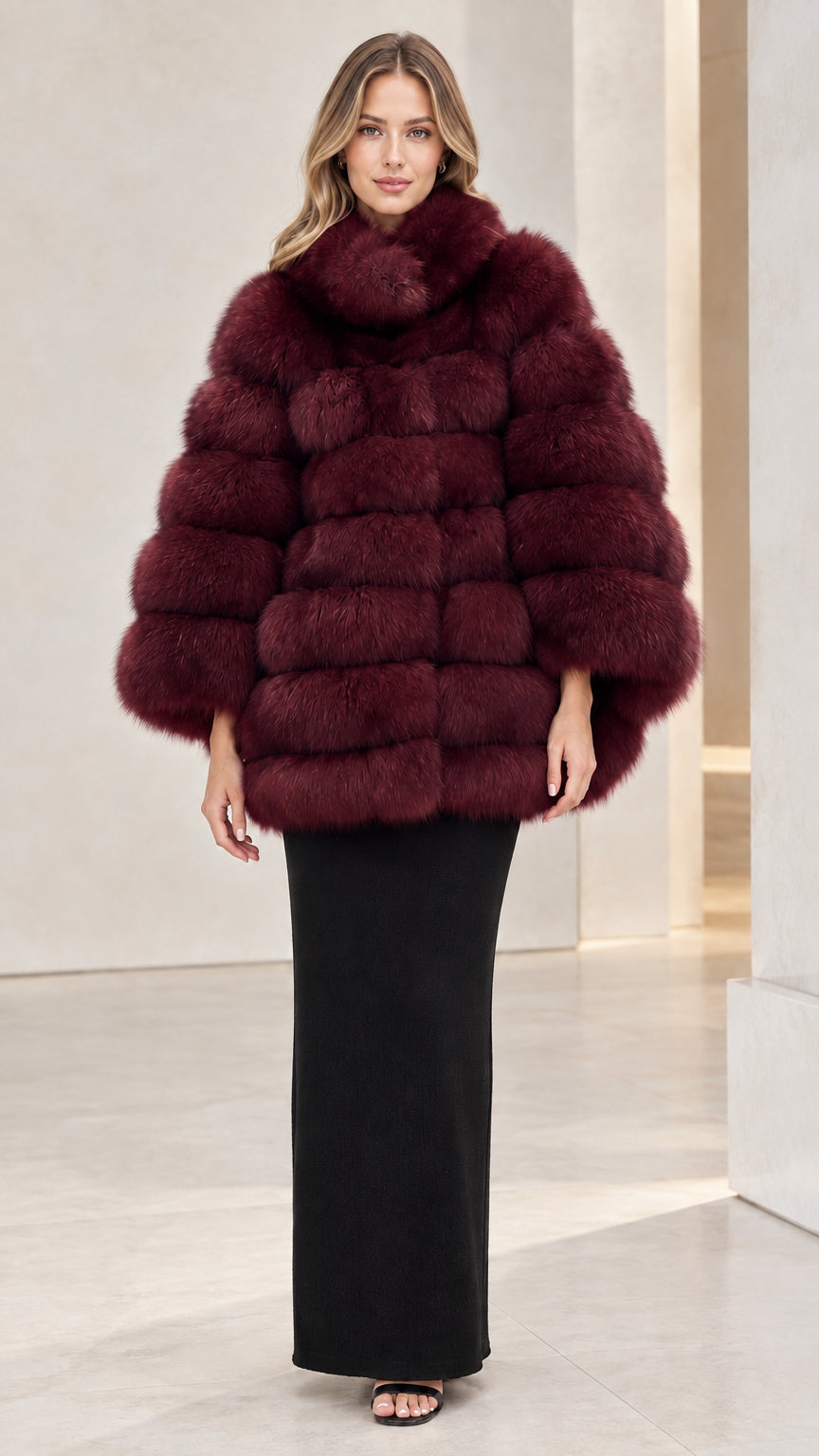Full front view of burgundy wine red tiered stand collar faux fur cape coat