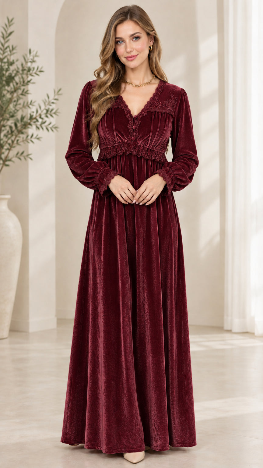 Front view of model wearing burgundy wine red velvet long sleeve maxi dress