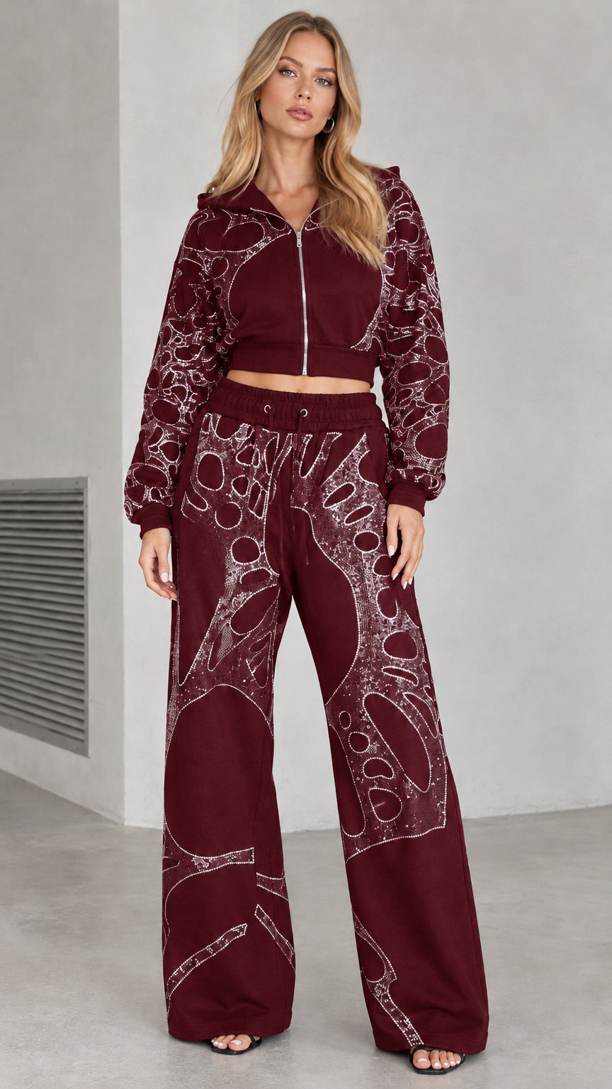 Burgundy rhinestone cropped zip hoodie and wide leg sweatpants two piece set