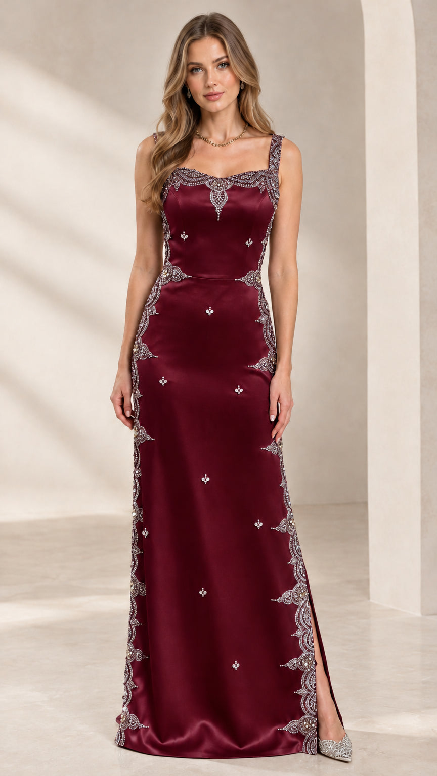 Full length burgundy wine square neck embellished satin evening dress