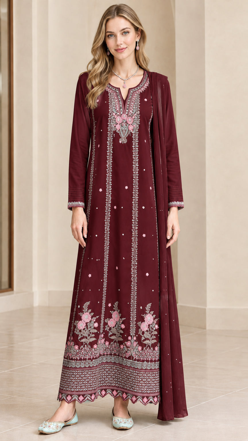 Front view of burgundy wine embroidered maxi dress with matching scarf