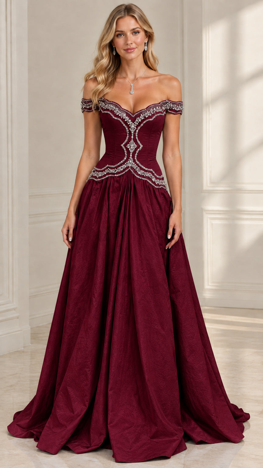 Model wearing burgundy wine red beaded sweetheart neck evening dress