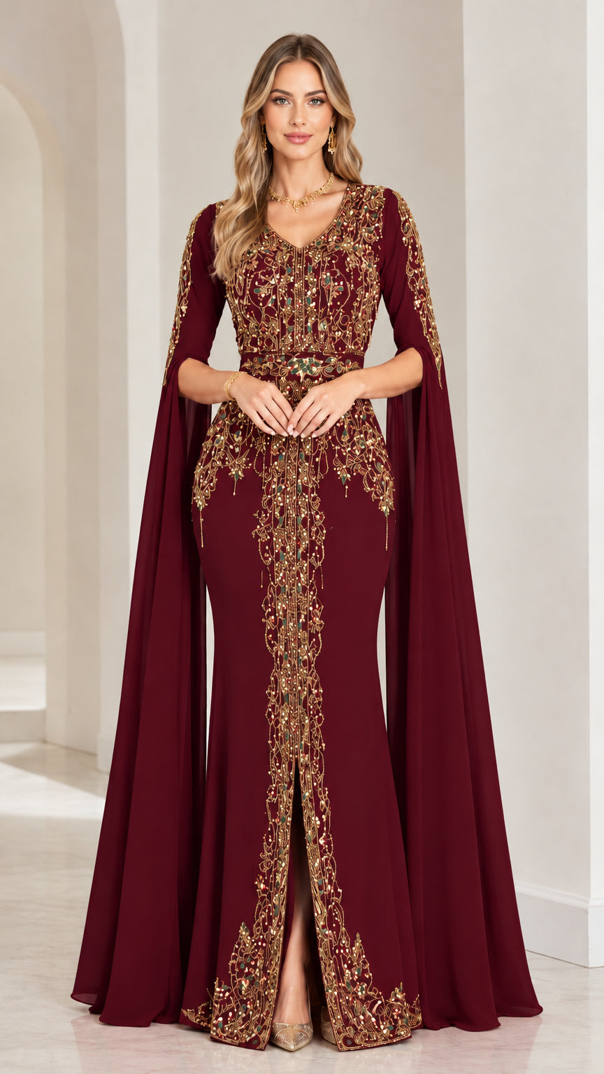 Full front view of burgundy wine cape sleeve evening gown with gold embroidery