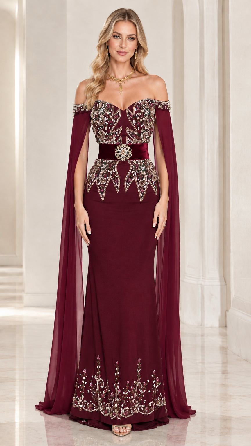 Burgundy wine formal mermaid gown with long cape sleeves and beading