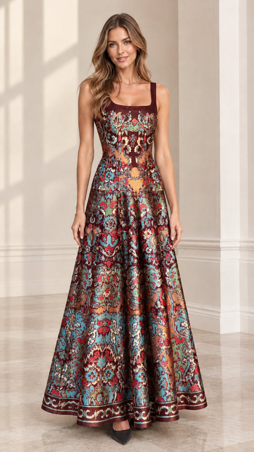 Model wearing Burgundy rich woven jacquard formal dress