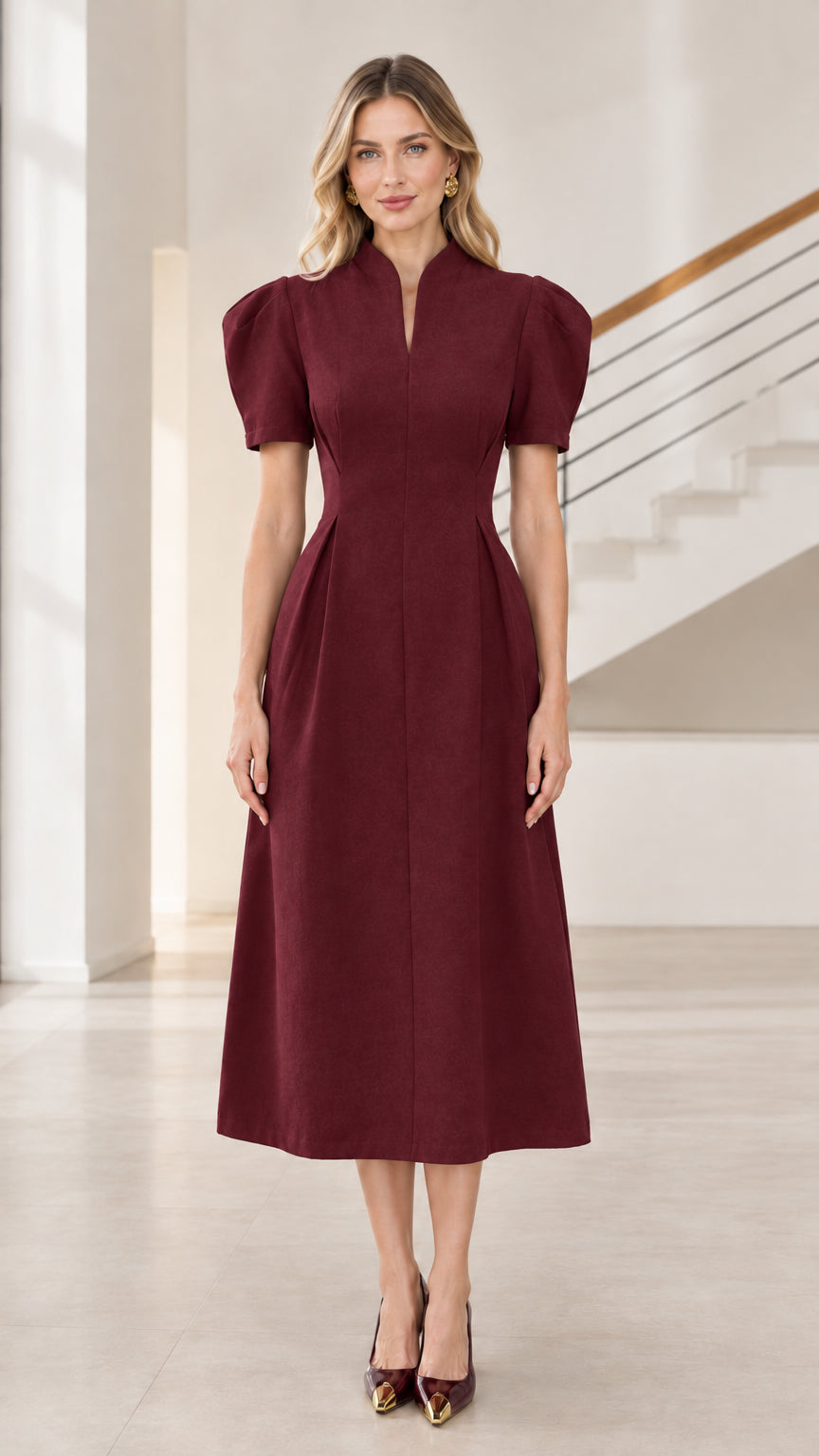 Front view of model wearing burgundy wine red mandarin collar puff sleeve A-line midi dress