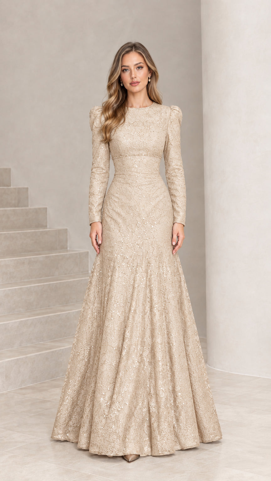Champagne long sleeve sequin lace floor-length evening dress