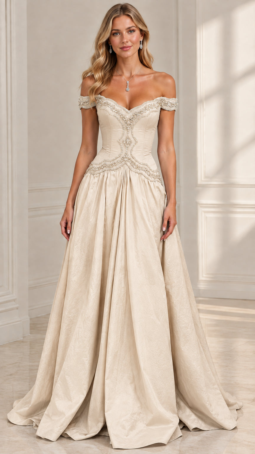 Model wearing champagne cream off-the-shoulder beaded ball gown