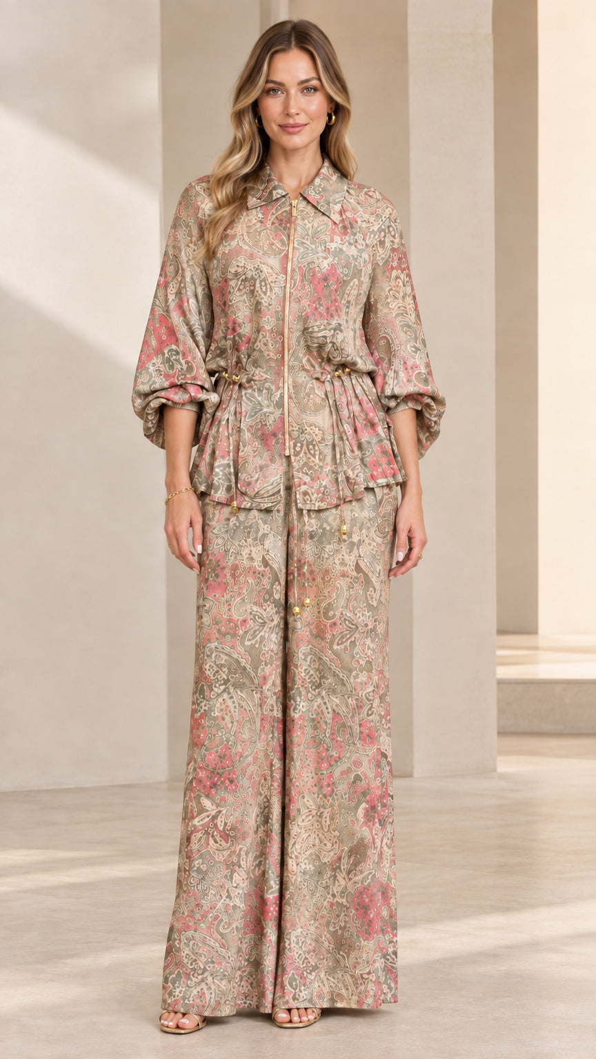 Beige Multi paisley print blouse and wide-leg trousers matching set