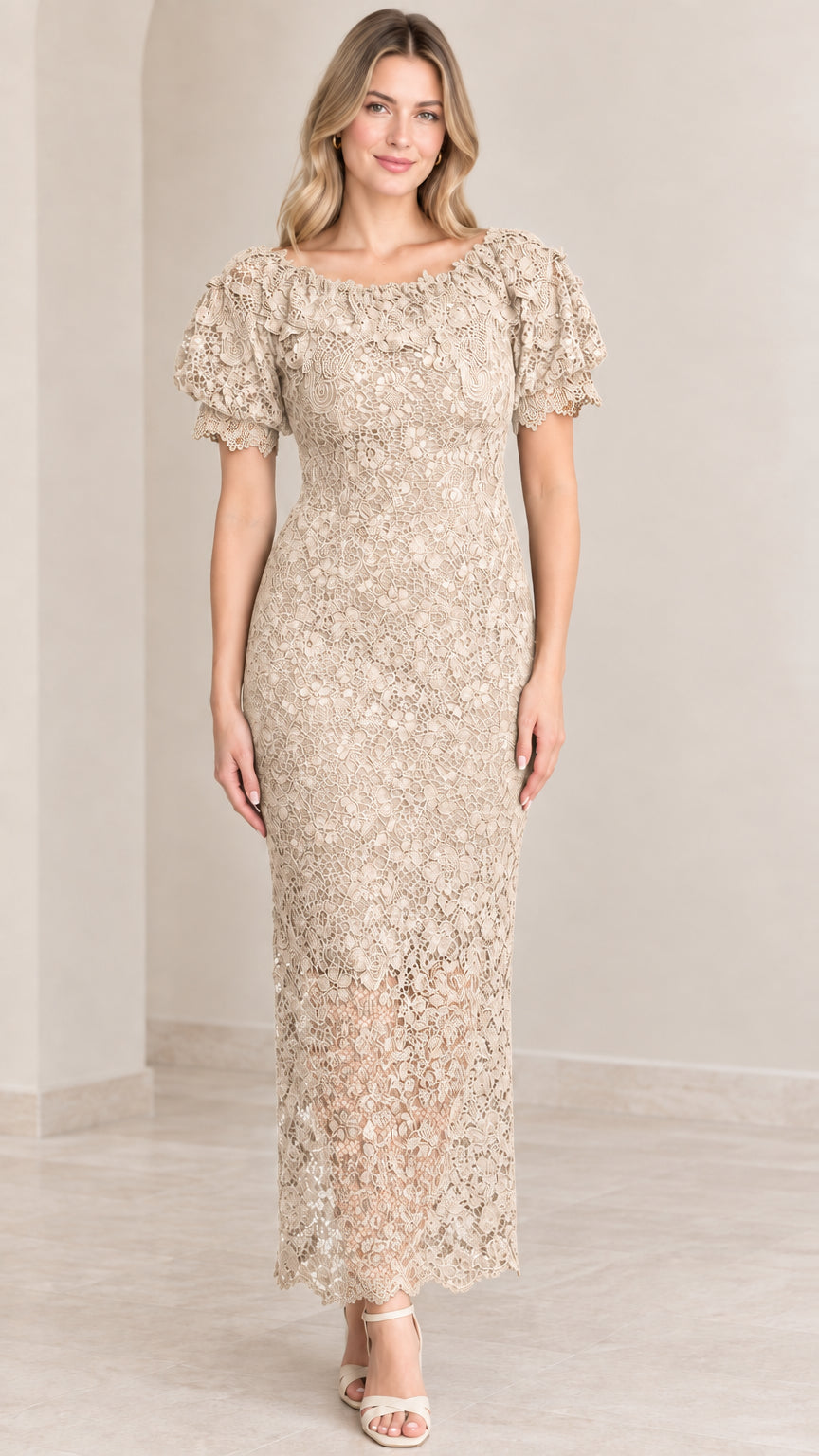 Front view of woman wearing champagne beige floral lace puff sleeve maxi dress