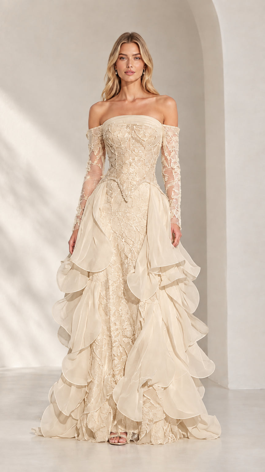 Champagne cream lace corset formal gown with dramatic tiered ruffle skirt