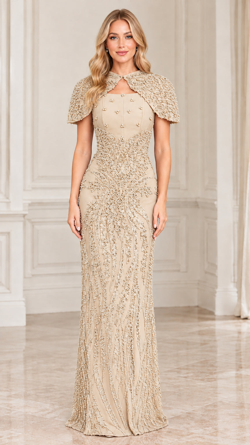 Champagne beige embellished capelet evening gown front view