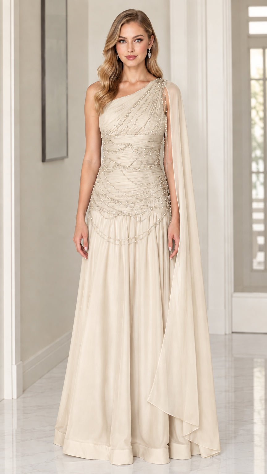 Front view of model wearing Champagne one-shoulder beaded chiffon evening gown