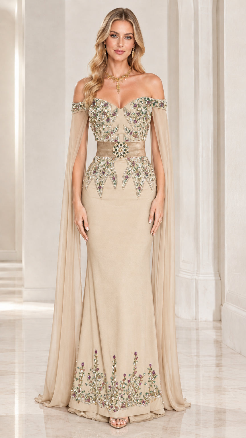 Champagne gold embellished mermaid formal dress with floor-length cape sleeves