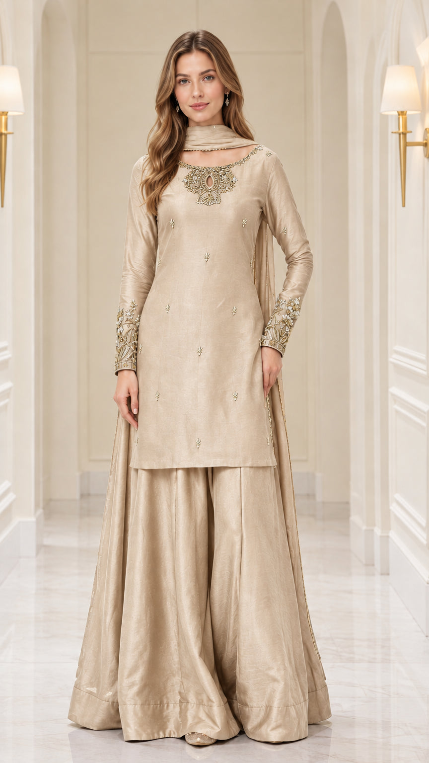 Full front view of champagne gold embroidered kurta sharara set
