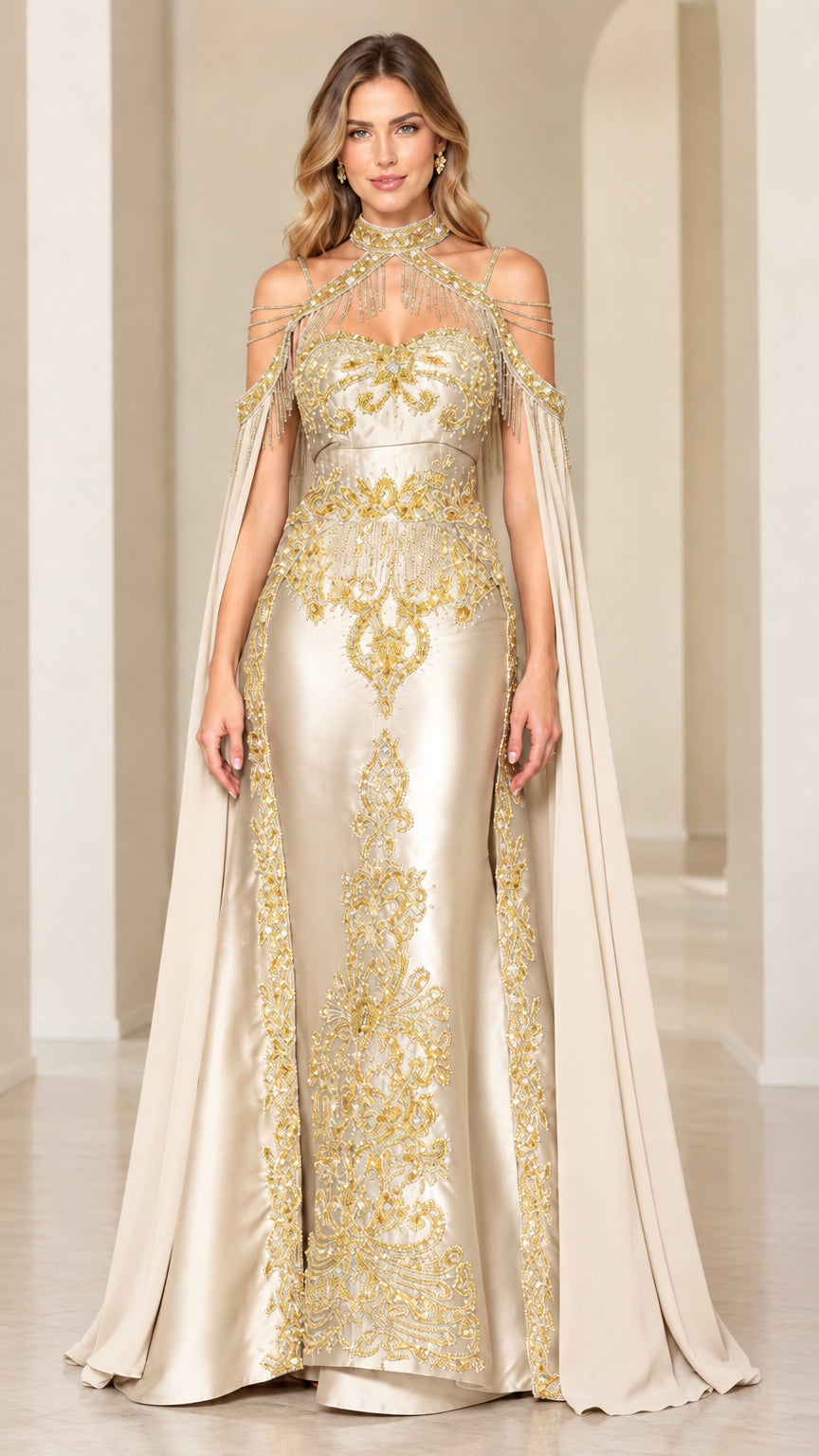 Champagne gold satin formal gown with gold embroidery and cape overlay