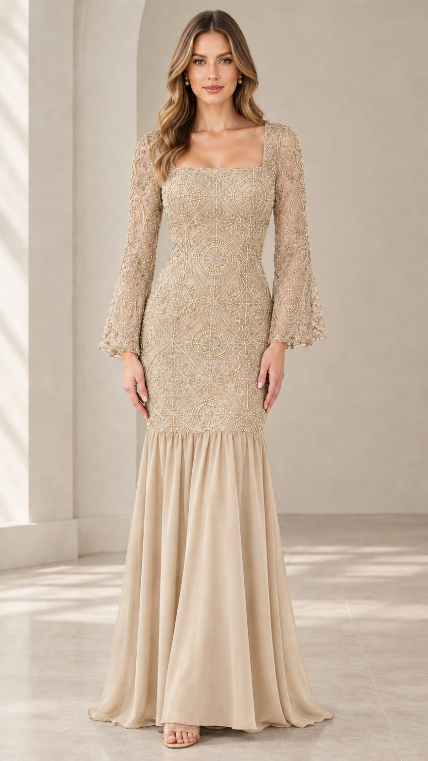 Front view of champagne gold beaded lace floor-length mermaid gown with flare sleeves