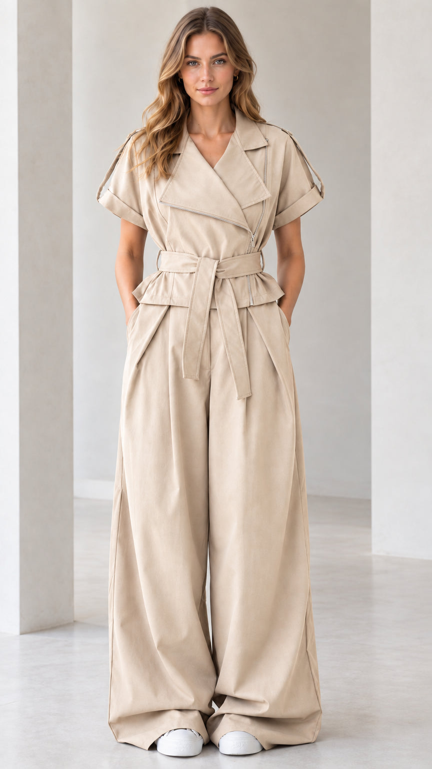 Front view of beige sand asymmetrical zip wide leg jumpsuit