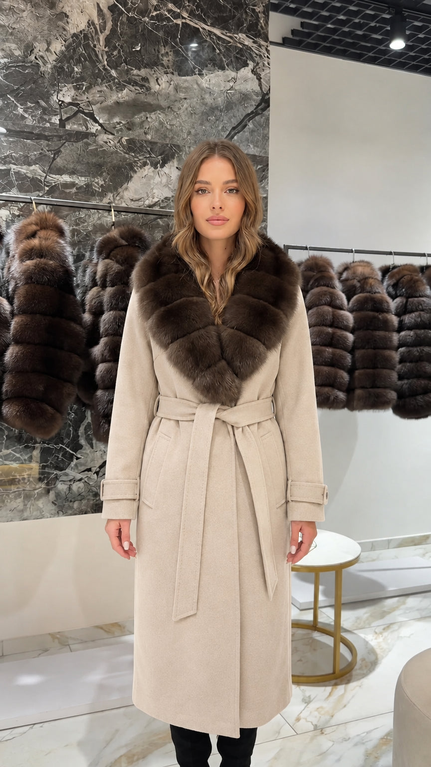 Front view of woman wearing a cream beige long coat with contrast dark faux fur collar