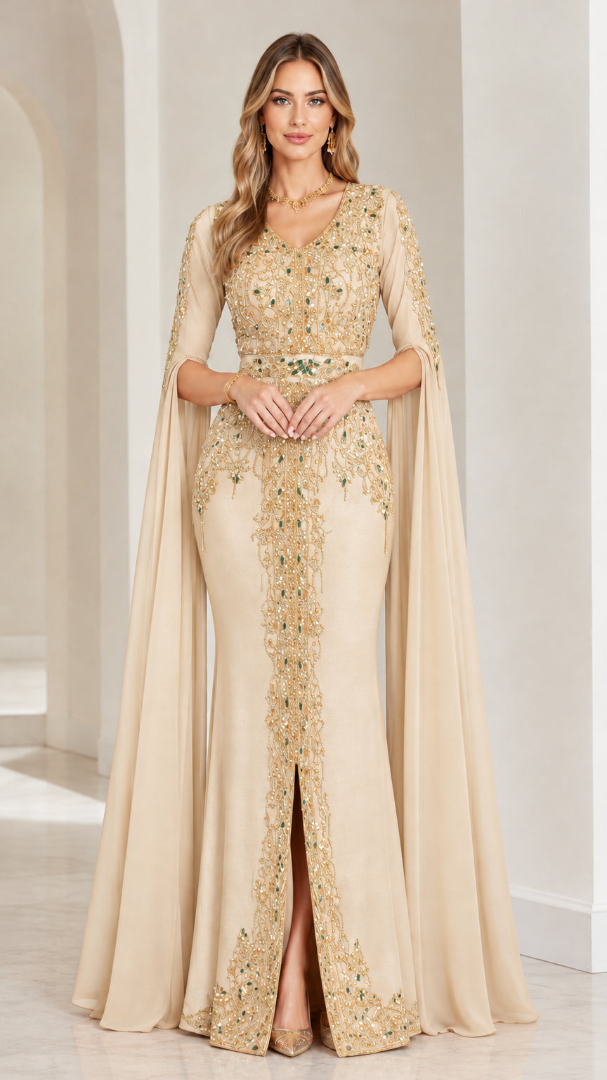 Full front view of champagne gold cape sleeve evening gown with intricate beading
