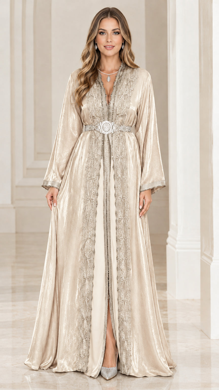 Champagne gold shimmer belted caftan maxi dress