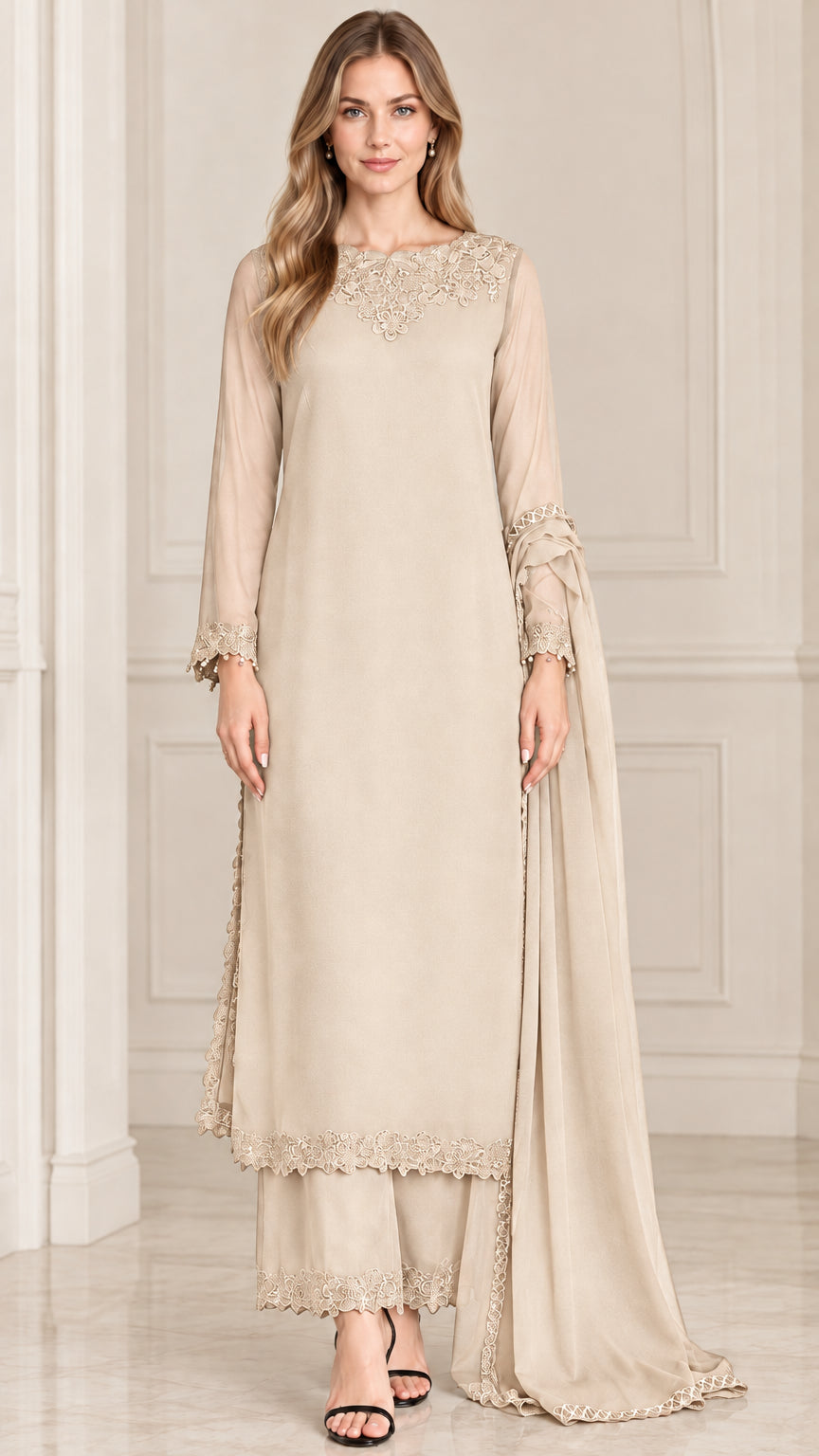 Champagne beige embroidered chiffon 3-piece evening pant set
